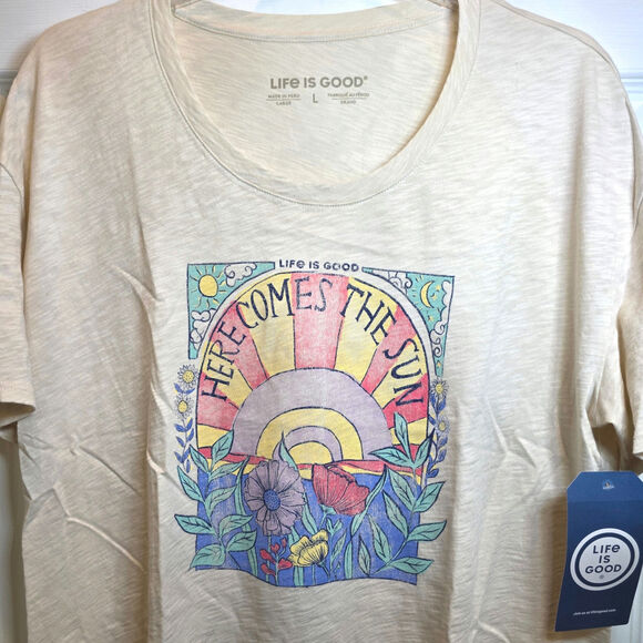Life is Good Relaxed Tee Sunshine Womens Sz Large XL Cream Flowers Hippie Slub - Picture 7 of 13